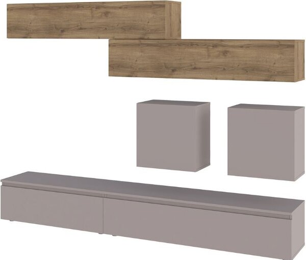 DecHome Parete Attrezzata Moderna Mobile TV + 4 Mobili a Parete Dimensioni 186x40x250 cm colore Noce e Tortora - Licia