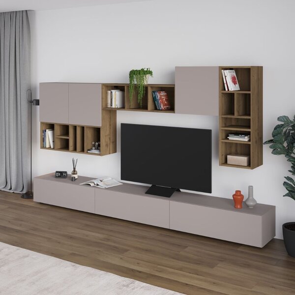 DecHome Parete Attrezzata Moderna Mobile TV + 4 Mobili a Parete Dimensioni 192x32,5x300 cm colore Tortora e Noce - Big