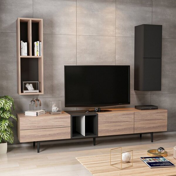 DecHome Parete Attrezzata Moderna Mobile TV + 2 Mobili a Parete Dimensioni 195x37x45 cm colore Rovere e Antracite - Diany