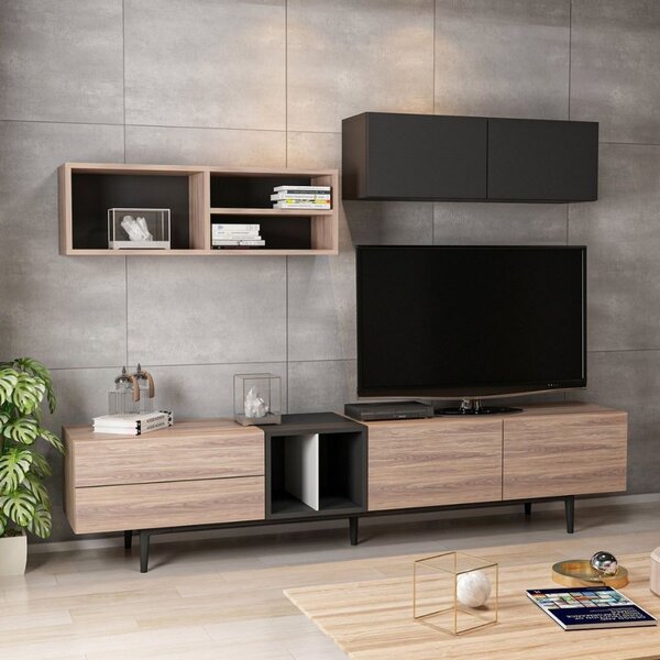 DecHome Parete Attrezzata Moderna Mobile TV + 2 Mobili a Parete Dimensioni 195x37x45 cm colore Rovere e Antracite - Diany