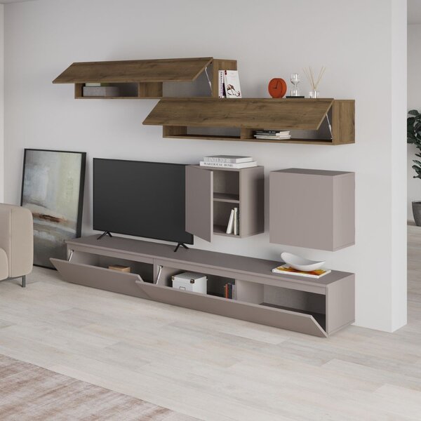 DecHome Parete Attrezzata Moderna Mobile TV + 4 Mobili a Parete Dimensioni 186x40x250 cm colore Noce e Tortora - Licia