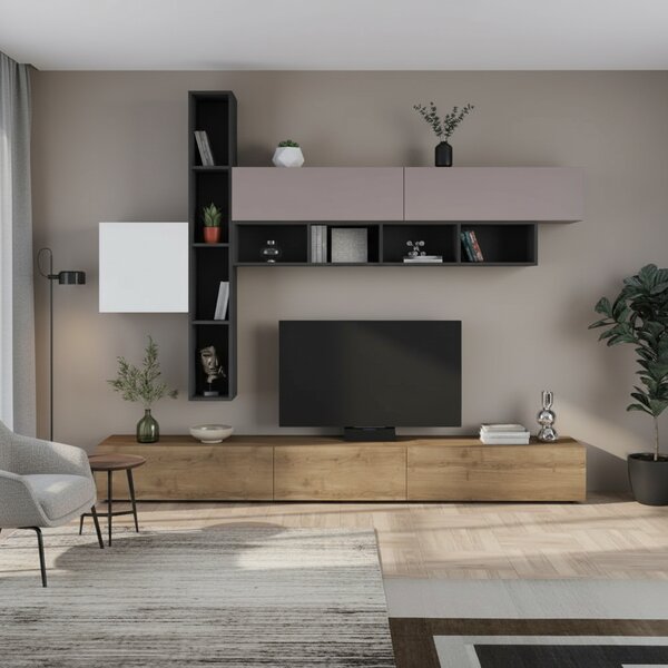 DecHome Parete Attrezzata Moderna Mobile TV + 4 Mobili a Parete Dimensioni 205x40x275 cm colore Noce Antracite Bianco Tortora - Fashion