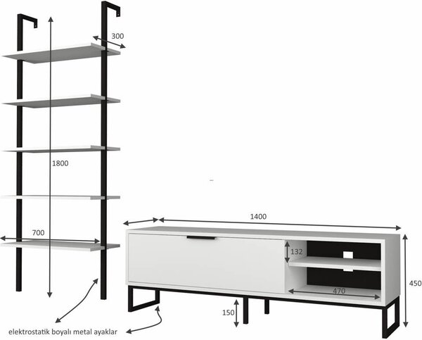 DecHome Parete Attrezzata Moderna Mobile TV + Libreria 5 Ripiani Dimensioni 140x45x30 cm colore Bianco e Ghisa - Way