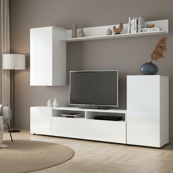 DecHome Parete Attrezzata Moderna Mobile TV + Mobile a Parete Dimensioni 207x170x34 cm colore Bianco Lucido