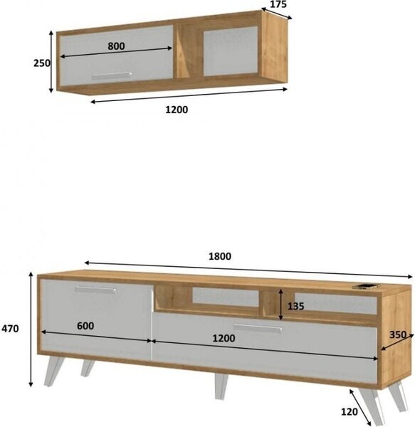 DecHome Parete Attrezzata Moderna Mobile TV + Mobile a Parete Dimensioni 180x35x47 cm colore Rovere - Slim