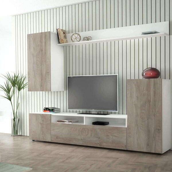 DecHome Parete Attrezzata Moderna Mobile TV + Mobile a Parete Dimensioni 207x34x170 cm colore Bianco e Rovere - Bucarest