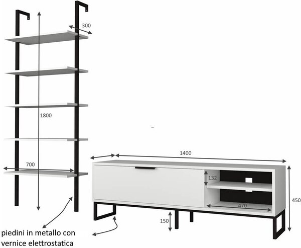 DecHome Parete Attrezzata Moderna Mobile TV + Libreria 5 Ripiani Dimensioni 140x45x30 cm colore Bianco e Ghisa - Way