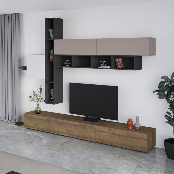 DecHome Parete Attrezzata Moderna Mobile TV + 4 Mobili a Parete Dimensioni 205x40x275 cm colore Noce Antracite Bianco Tortora - Fashion