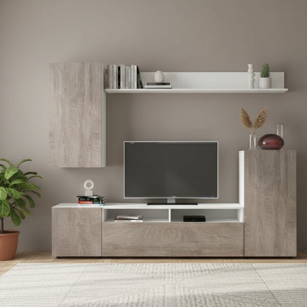 DecHome Parete Attrezzata Moderna Mobile TV + Mobile a Parete Dimensioni 207x34x170 cm colore Bianco e Rovere - Bucarest