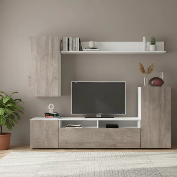 DecHome Parete Attrezzata Moderna Mobile TV + Mobile a Parete Dimensioni 207x34x170 cm colore Bianco e Rovere - Bucarest