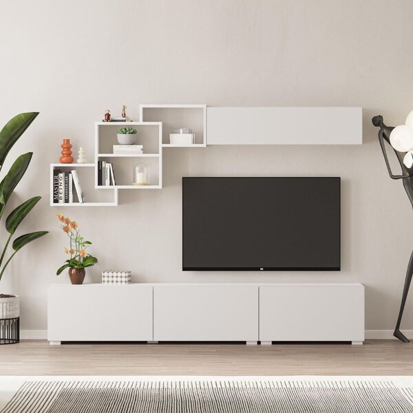 DecHome Parete Attrezzata Moderna Mobile TV + Mobile a Parete Dimensioni 210x35x39 cm colore Bianco - Free