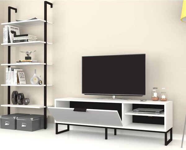 DecHome Parete Attrezzata Moderna Mobile TV + Libreria 5 Ripiani Dimensioni 140x45x30 cm colore Bianco e Ghisa - Way
