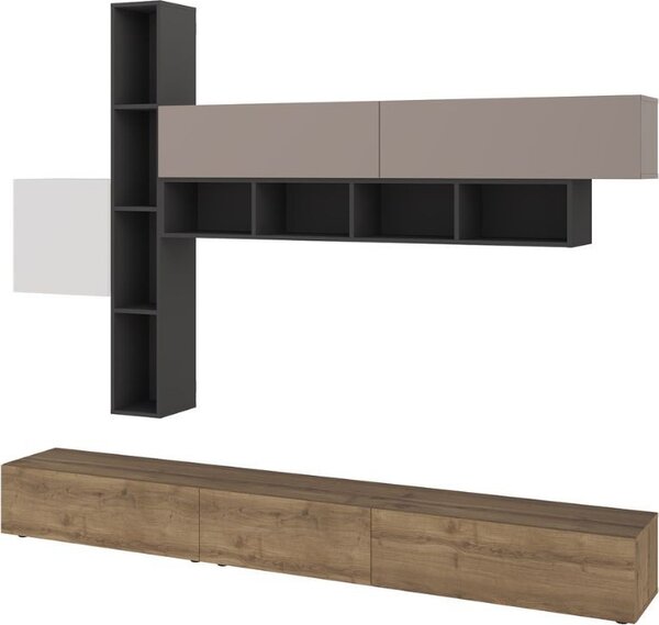 DecHome Parete Attrezzata Moderna Mobile TV + 4 Mobili a Parete Dimensioni 205x40x275 cm colore Noce Antracite Bianco Tortora - Fashion