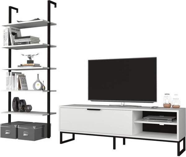 DecHome Parete Attrezzata Moderna Mobile TV + Libreria 5 Ripiani Dimensioni 140x45x30 cm colore Bianco e Ghisa - Way