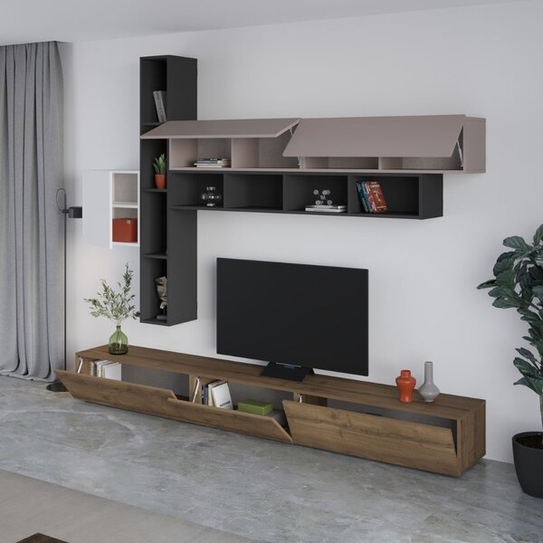 DecHome Parete Attrezzata Moderna Mobile TV + 4 Mobili a Parete Dimensioni 205x40x275 cm colore Noce Antracite Bianco Tortora - Fashion