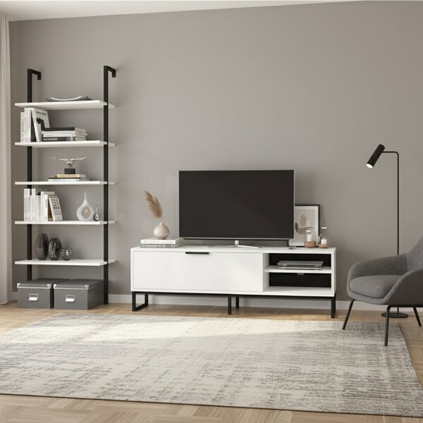 DecHome Parete Attrezzata Moderna Mobile TV + Libreria 5 Ripiani Dimensioni 140x45x30 cm colore Bianco e Ghisa - Way