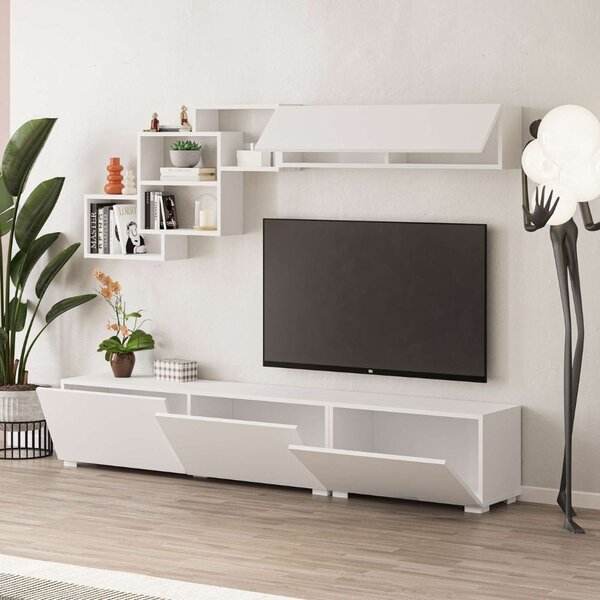 DecHome Parete Attrezzata Moderna Mobile TV + Mobile a Parete Dimensioni 210x35x39 cm colore Bianco - Free