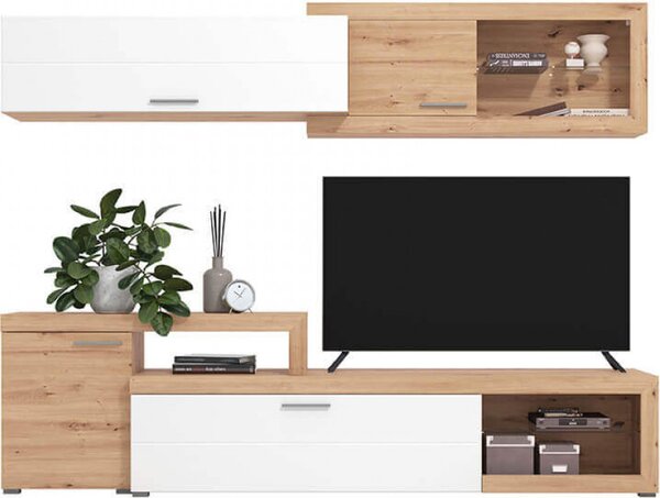 DecHome Parete Attrezzata Moderna Mobile TV + Mobile a Parete Dimensioni 248,5x41,5x201 cm colore Rovere Bianco