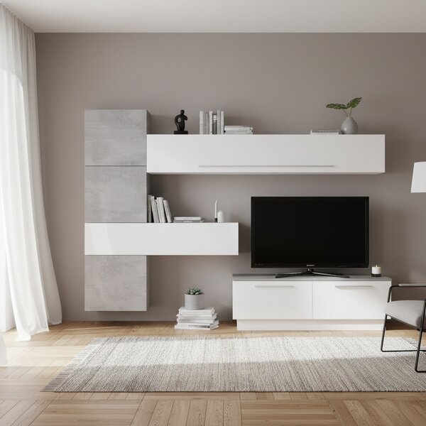 DecHome Parete Attrezzata Moderna Mobile TV + Mobile a Parete Dimensioni 265x200 cm colore Bianco Lucido/Beton - Austin