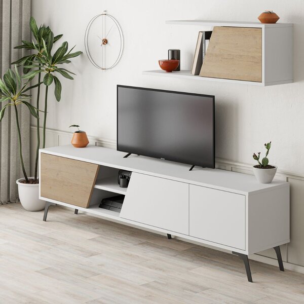 DecHome Parete Attrezzata Moderna Mobile TV + Mobile a Parete Dimensioni 48x35,60x180 cm colore Bianco - Fiona