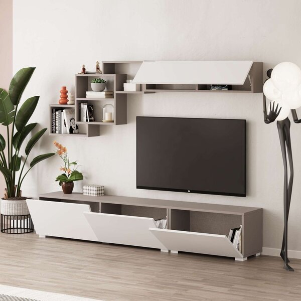 DecHome Parete Attrezzata Moderna Mobile TV + Mobile a Parete Dimensioni 210x35x39 cm colore Mocha e Bianco - Free