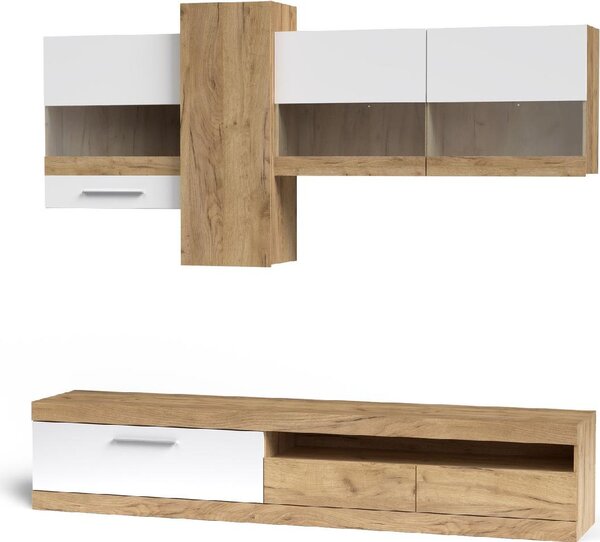 DecHome Parete Attrezzata Moderna Mobile TV + Mobile a Parete Dimensioni 235x44x195 cm colore Rovere e Bianco - Tokio