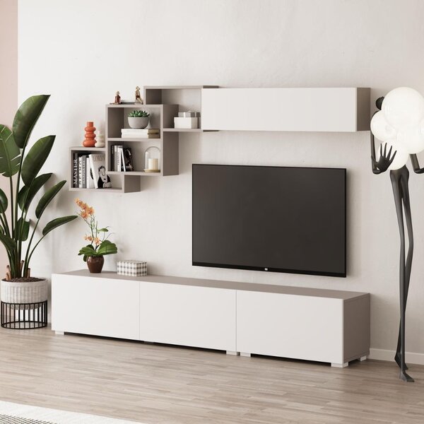 DecHome Parete Attrezzata Moderna Mobile TV + Mobile a Parete Dimensioni 210x35x39 cm colore Mocha e Bianco - Free