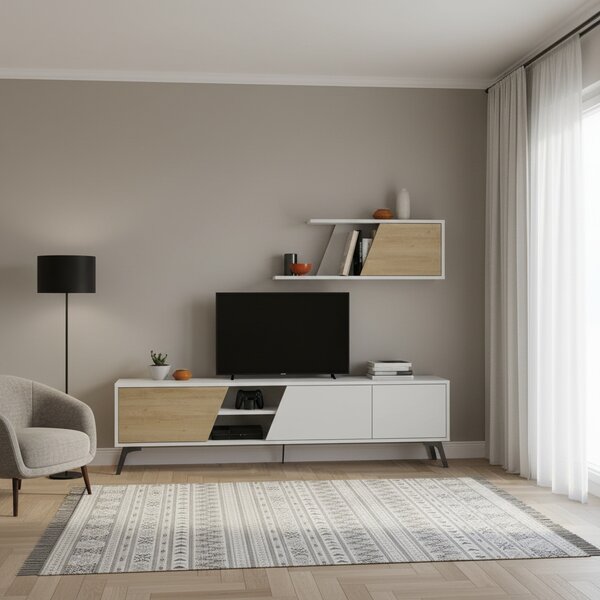 DecHome Parete Attrezzata Moderna Mobile TV + Mobile a Parete Dimensioni 48x35,60x180 cm colore Bianco - Fiona