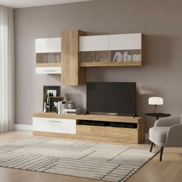 DecHome Parete Attrezzata Moderna Mobile TV + Mobile a Parete Dimensioni 235x44x195 cm colore Rovere e Bianco - Tokio