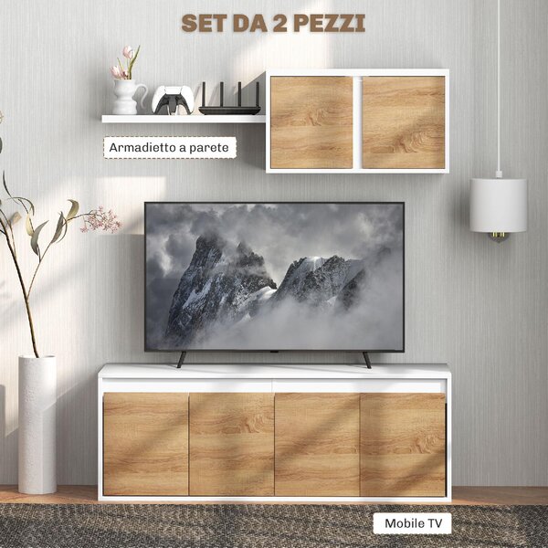 DecHome Parete Attrezzata Moderna Mobile TV + Mobile a Parete in Legno Dimensioni 120x41x43,3 cm colore Bianco e Legno