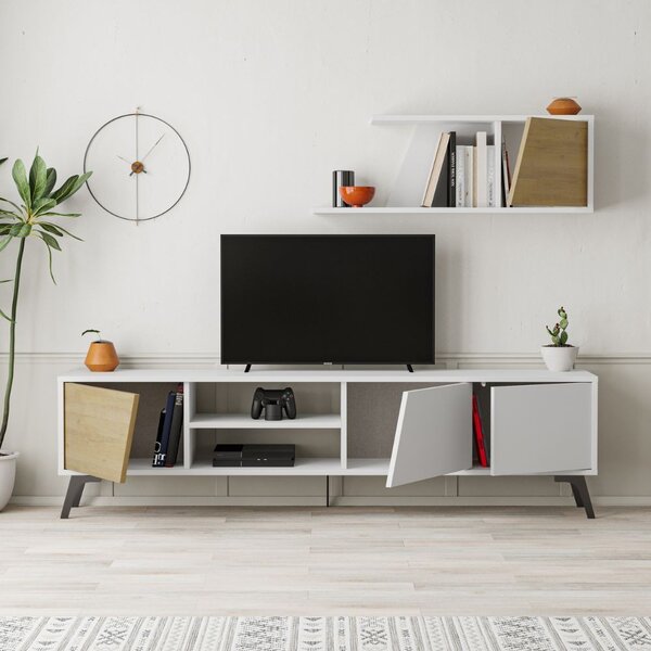 DecHome Parete Attrezzata Moderna Mobile TV + Mobile a Parete Dimensioni 48x35,60x180 cm colore Bianco - Fiona