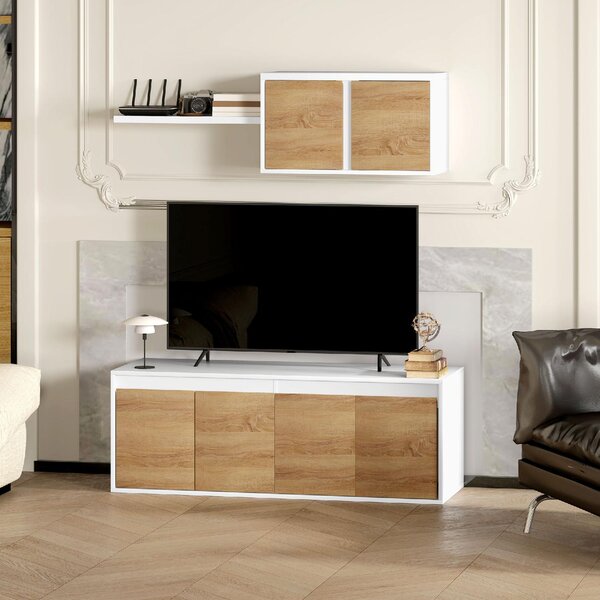 DecHome Parete Attrezzata Moderna Mobile TV + Mobile a Parete in Legno Dimensioni 120x41x43,3 cm colore Bianco e Legno