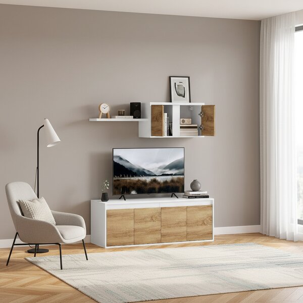 DecHome Parete Attrezzata Moderna Mobile TV + Mobile a Parete in Legno Dimensioni 120x41x43,3 cm colore Bianco e Legno