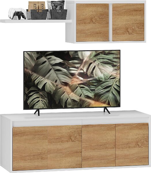 DecHome Parete Attrezzata Moderna Mobile TV + Mobile a Parete in Legno Dimensioni 120x41x43,3 cm colore Bianco e Legno