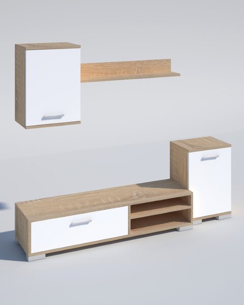 KITWOOD INDUSTRY Parete Attrezzata Moderna Mobile TV + Mobile Soggiorno + Mobile a Parete in Legno Dimensioni 138x40x30 cm colore Bianco / Rovere