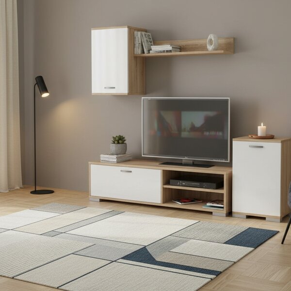 KITWOOD INDUSTRY Parete Attrezzata Moderna Mobile TV + Mobile Soggiorno + Mobile a Parete in Legno Dimensioni 138x40x30 cm colore Bianco / Rovere