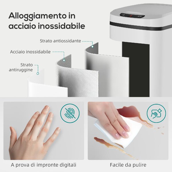DecHome Pattumiera 12L a Infrarossi con Secchio Rimovibile in Acciaio Inox, ABS e PP 28x22x41 cm colore Bianco