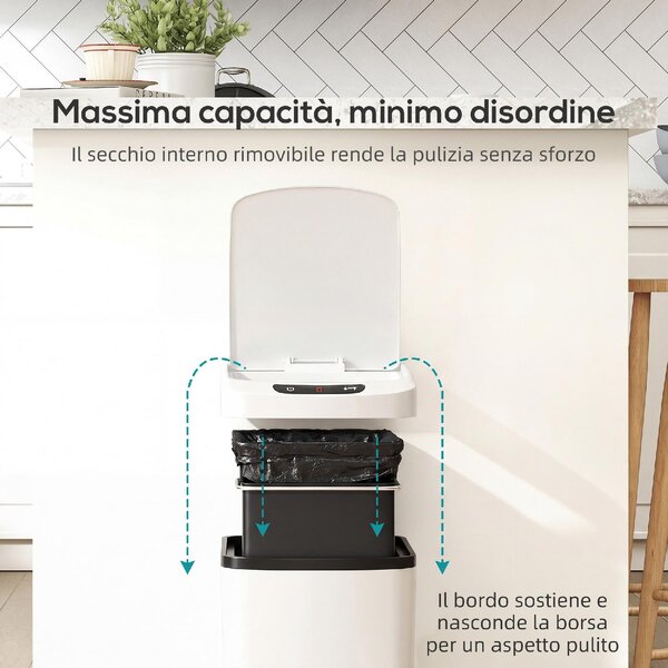 DecHome Pattumiera 12L a Infrarossi con Secchio Rimovibile in Acciaio Inox, ABS e PP 28x22x41 cm colore Bianco