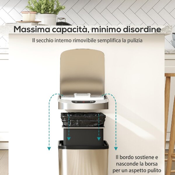 DecHome Pattumiera 12L a Infrarossi con Secchio Rimovibile in Acciaio Inox, ABS e PP 28x22x41 cm colore Argento