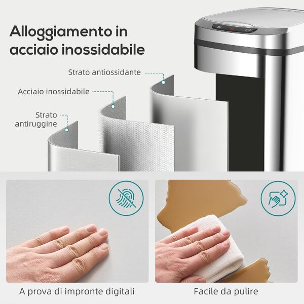 DecHome Pattumiera 12L a Infrarossi con Secchio Rimovibile in Acciaio Inox, ABS e PP 28x22x41 cm colore Argento