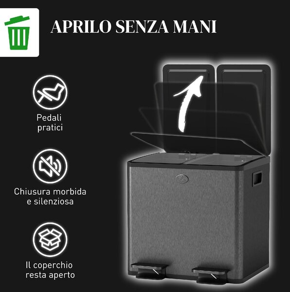 DecHome Pattumiera a 2 Sezioni da 15L con Chiusura Silenziosa, in Acciaio Inox e PP, 41.7x36.6x43.2 cm colore Nero - L5230BK