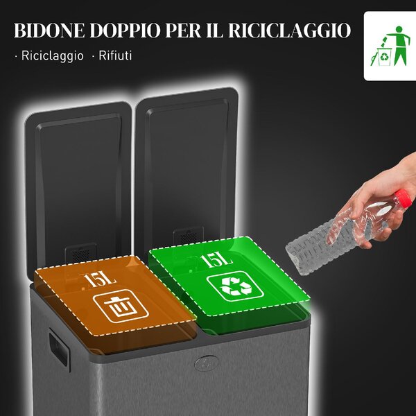 DecHome Pattumiera a 2 Sezioni da 15L con Chiusura Silenziosa, in Acciaio Inox e PP, 41.7x36.6x43.2 cm colore Nero - L5230BK