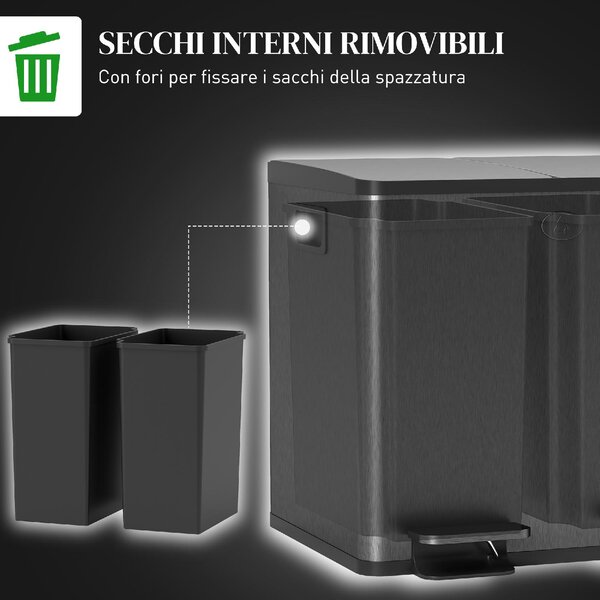 DecHome Pattumiera a 2 Sezioni da 15L con Chiusura Silenziosa, in Acciaio Inox e PP, 41.7x36.6x43.2 cm colore Nero - L5230BK