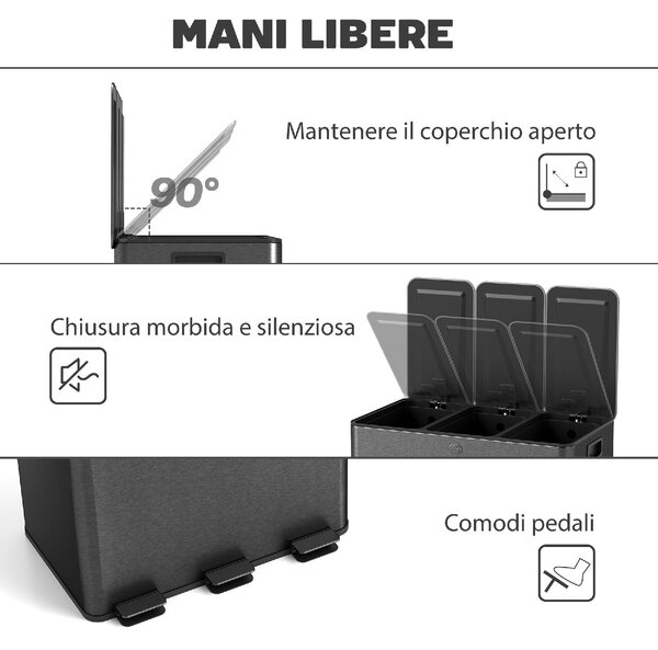 DecHome Pattumiera a 3 Sezioni da 20L con Chiusura Silenziosa, in Acciaio Inox e PP, 61.9x36.6x56.7 cm colore Nero - L5252BK