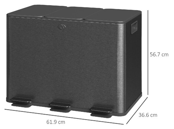 DecHome Pattumiera a 3 Sezioni da 20L con Chiusura Silenziosa, in Acciaio Inox e PP, 61.9x36.6x56.7 cm colore Nero - L5252BK