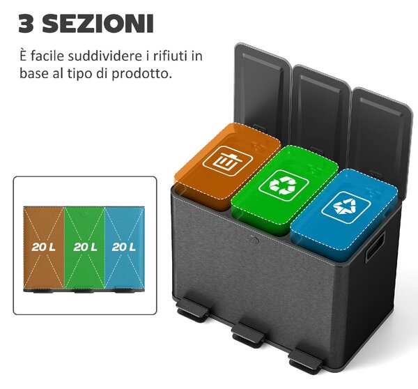 DecHome Pattumiera a 3 Sezioni da 20L con Chiusura Silenziosa, in Acciaio Inox e PP, 61.9x36.6x56.7 cm colore Nero - L5252BK