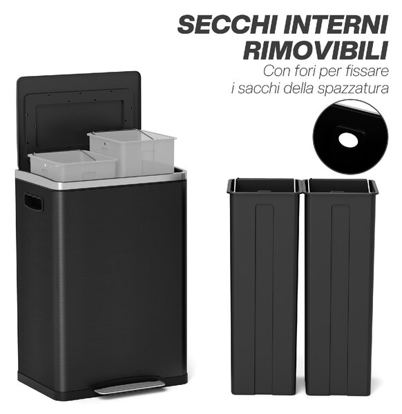 DecHome Pattumiera a 2 Sezioni da 20L con Coperchio Silenzioso, in Acciaio Inox e PP, 40x34.8x59 cm colore Nero - L5241BK