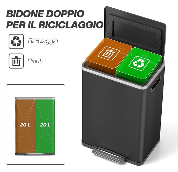 DecHome Pattumiera a 2 Sezioni da 20L con Coperchio Silenzioso, in Acciaio Inox e PP, 40x34.8x59 cm colore Nero - L5241BK