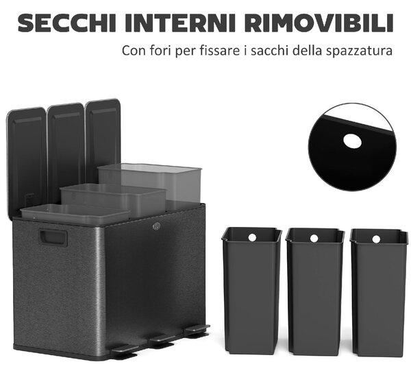 DecHome Pattumiera a 3 Sezioni da 20L con Chiusura Silenziosa, in Acciaio Inox e PP, 61.9x36.6x56.7 cm colore Nero - L5252BK