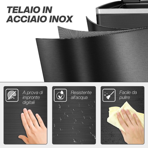 DecHome Pattumiera a 2 Sezioni da 20L con Coperchio Silenzioso, in Acciaio Inox e PP, 40x34.8x59 cm colore Nero - L5241BK